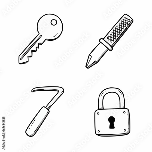 Key, screwdriver, crowbar, and padlock in hand-drawn style  