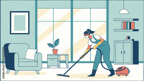 A female cleaner vacuuming the floor, focused mood, maintaining living room in modern indoor setting