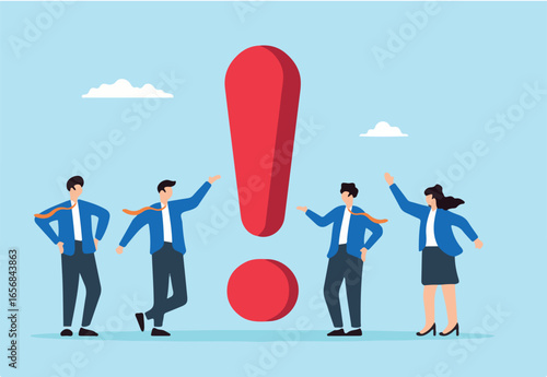 Flat illustration of business people think around giant exclamation mark symbolizing critical problem requiring attention