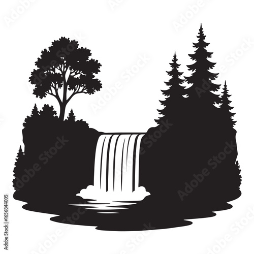 Deep Forest Waterfall Silhouette with Flowing Cascade Design