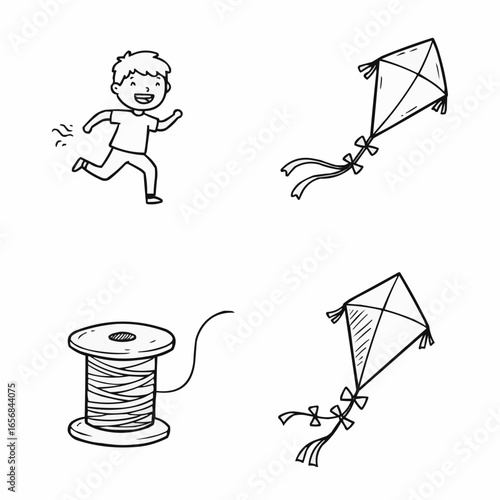 Child running while flying a kite with a spool of thread nearby  