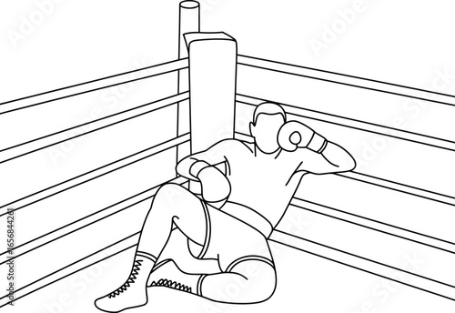 Exhausted Boxer Leans Against Boxing Ring Corner After a Hard Fight