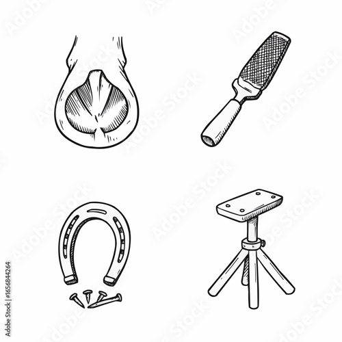Equine tools including hoof pick, horse shoe, and grooming brush  