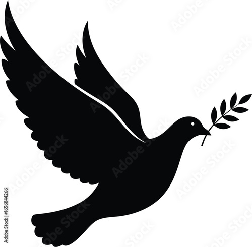 Vector art of silhouette of a dove with an olive branch, a symbol of peace and hope, , perfect for conveying messages of tranquility and harmony