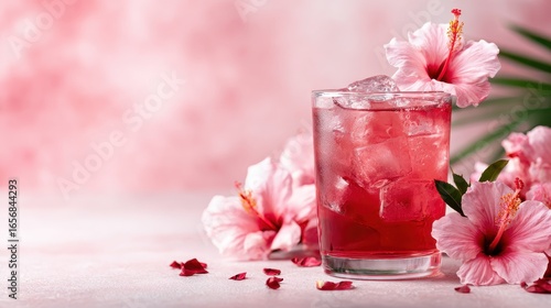 A vibrant red hibiscus drink is elegantly presented in a glass surrounded by pink flowers, capturing a sense of tropical refreshment and summer enjoyment.
