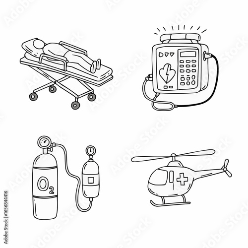 Medical emergency equipment including stretcher, phone, oxygen, helicopter  