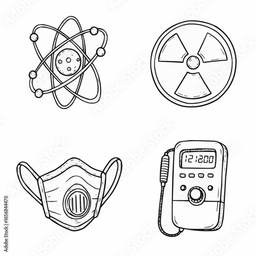 Atomic science icons: atom, radioactive symbol, mask, measuring device  