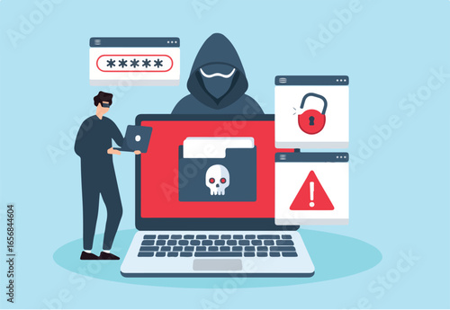 Flat illustration of hacker bypassing security measures ransomware prevention and cybersecurity defense