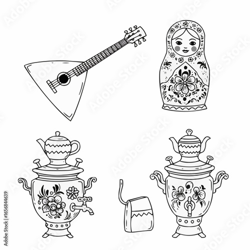 Traditional Russian items including balalaika, matryoshka, and samovars  