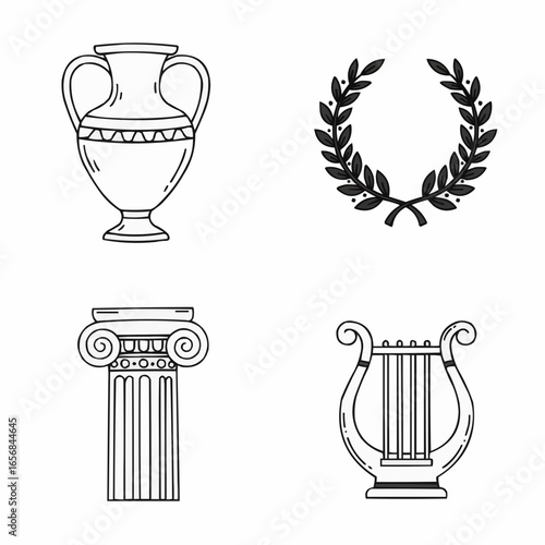 Ancient Greek symbols including vase, column, and lyre illustration  