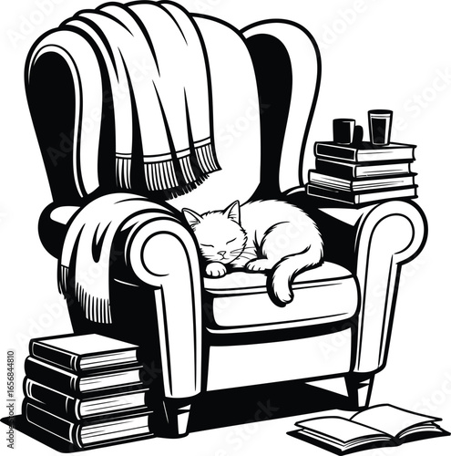 chair, armchair, sleeping cat, books, interior design, black and white, wood, armrest, furniture, cozy, minimalist
