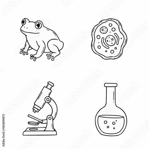 Frog, microscope, cell, and flask in scientific illustration style  