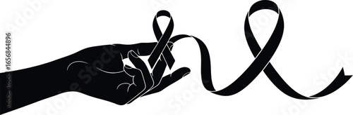 Vector art of silhouette of a hand holding a black ribbon, symbolizing awareness, support, and mourning, representing solidarity and remembrance for various causes