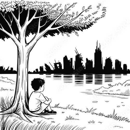 A boy sits under a tree, contemplating a city skyline.