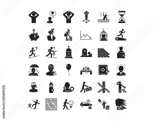 A collection of icons that depict business failures or issues. The icons illustrate scenarios of business individuals feeling down, upset, defeated, facing tough decisions, drowning, and racing