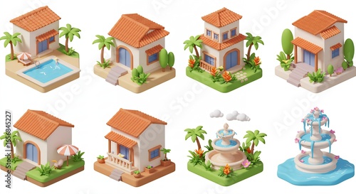 Isometric tropical houses and garden elements collection