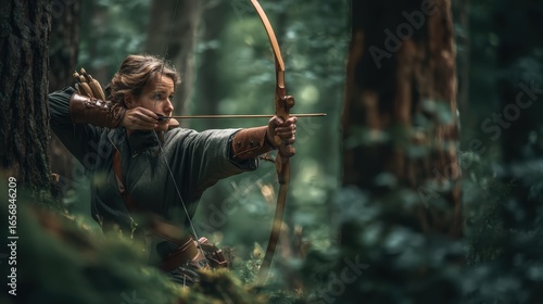 Female archer aiming a traditional bow in a lush forest, wearing leather bracers and cloak, focused mid‑draw. Natural light, shallow depth of field, outdoor sport scene