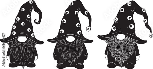 Three spooky halloween gnomes with many eyes and pointy hats silhouette isolated on white background