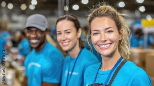 Diverse volunteers in blue shirts working together at donation center, smiling at camera. Team spirit, packing supplies, community service and philanthropy