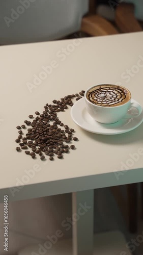 A beautifully crafted coffee latte sits atop a white table, surrounded by scattered coffee beans creating an attractive visual composition that evokes warmth and comfort, fa01