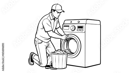 A male customer kneeling to load laundry into washing machine, focused mood, clean indoor environment