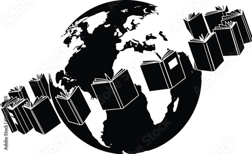 Vector art of books orbiting the globe, representing global education, knowledge sharing, and international learning
