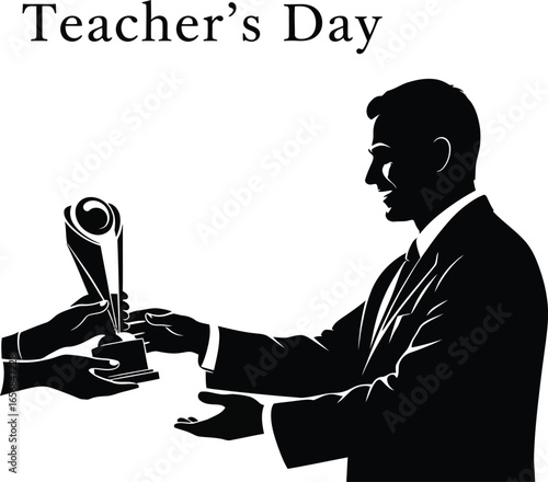 Vector art of a silhouette illustration of a man in a suit receiving an award on teachers day, celebrating education and showing appreciation