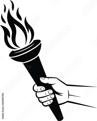 A stylized, black and white illustration of a hand holding a torch with flames.