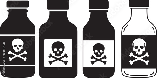 Four bottles with skull and crossbones warning symbols silhouette isolated on white background