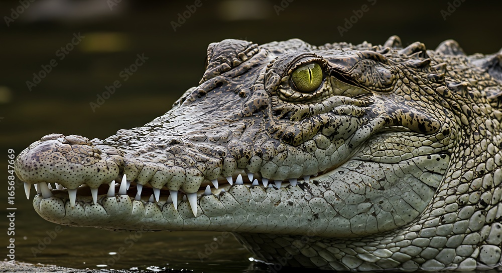Fototapeta premium Close-up of a crocodile's head, showcasing its textured skin, sharp teeth, and piercing yellow eyes, partially submerged in dark water.