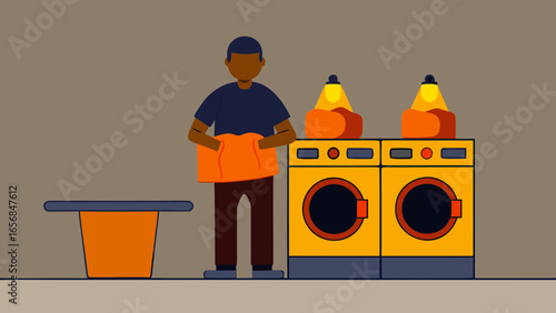 A male laundry worker folding garments, focused mood, handling clothes at laundry station, warm indoor setting