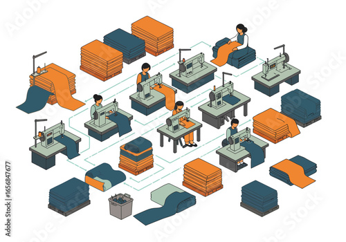 Apparel manufacturing line with sewing machines and workers materials in blue and orange
