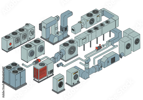 An isometric illustration displays various industrial HVAC Heating Ventilation  Air Conditioning components arranged