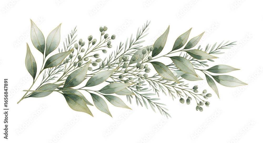 Fototapeta premium Elegant Gold and Green Laurel Wreath Branch with Leaves for Wedding or Invitation Design
