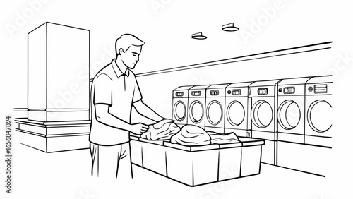 A male customer at laundromat sorting clothes, focused mood, organizing laundry on a table, clean indoor space