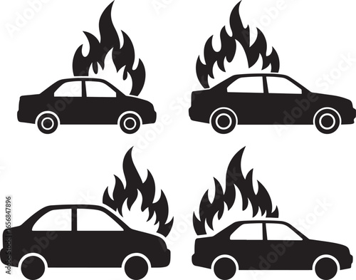 Four black car silhouettes with flames isolated on white background silhouette