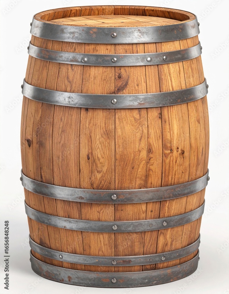 Obraz premium Isolated Wooden Barrel with Metal Hoops on White Background for Storage and Aging
