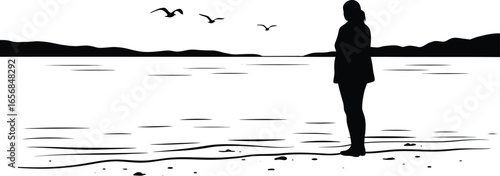Woman Standing on Beach Looking at Sea Silhouette on Transparent Background