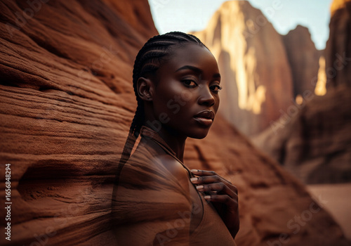 A beautiful black woman in a desert canyon with a double exposure effect showing the canyon rock formation on her body