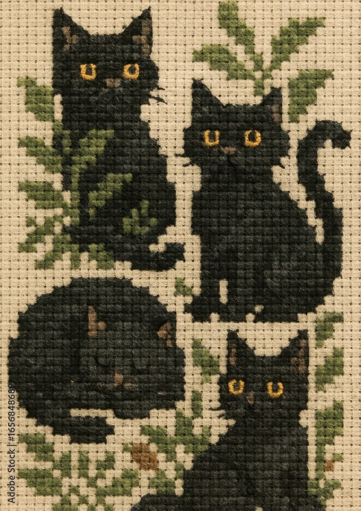 Fototapeta premium Cross-stitch black cats design.