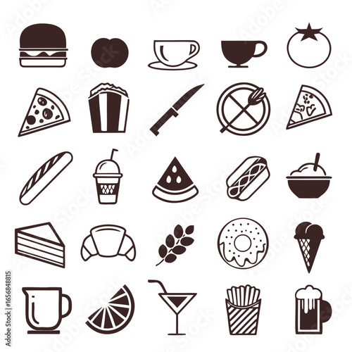 A clean, flat vector icon set in minimal modern style, food and drink theme, 20 unique icons arranged in a grid, 