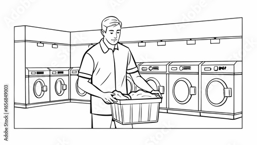A male customer using a laundromat, focused mood, carrying laundry basket, clean indoor environment