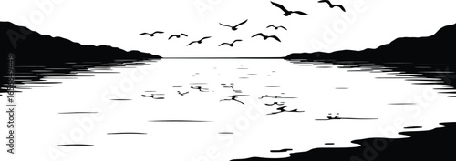 Seascape with Flying Birds Silhouette on Transparent Background minimalist black and white illustration seascape featuring flock birds flight rendered striking silhouette style The image has