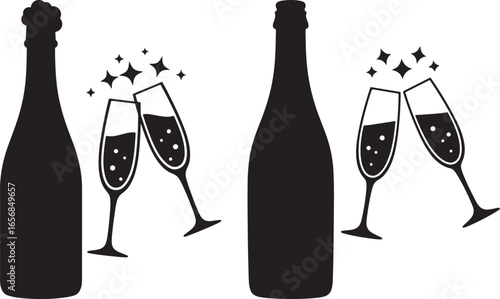 Celebration silhouette of champagne bottles and clinking glasses isolated on white background