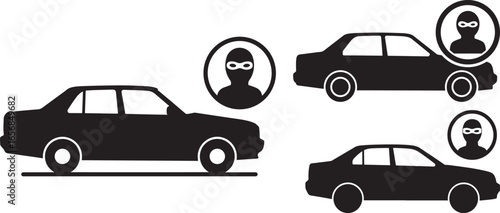 Illustration of car theft danger with masked figures inside ovals isolated on white background silhouette