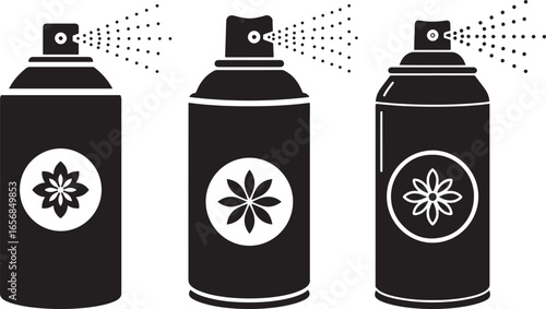 Three black spray paint cans with floral designs emitting mist silhouette isolated on white background