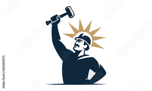 Labor Day Worker with Hammer and Sunburst Vector Illustration – Industrial and Construction Icon