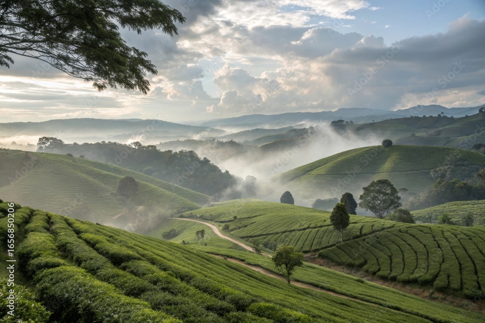 Fototapeta premium Morning serenity in rolling hills of a tea plantation breathtaking landscapes tranquil environment lush greenery scenic views