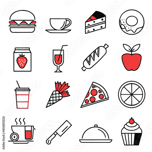 A clean, flat vector icon set in minimal modern style, food and drink theme, 20 unique icons arranged in a grid, 