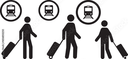 Three stylized figures with rolling luggage and train icons silhouette isolated on white background